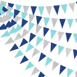 Wimpelkette aus Papier, 90 m, Marineblau, silberfarben, königsblau, zum Aufhängen, für Geburtstag, Brautparty, Babyparty, Hochzeit, AHOI, Achor, nautisches Piraten-Thema, Party-Dekorationen
