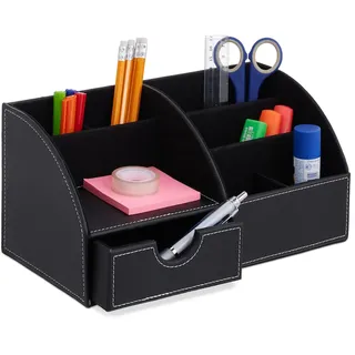 Relaxdays Schreibtisch Organizer, Büroorganizer mit 6 Fächern & Schublade, HBT: 14 x 28,5 x 15 cm, Stiftehalter, schwarz