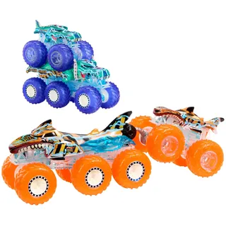 HOT WHEELS Monster Trucks Spielzeugtruck & Big Rig Multipack, Mega-Wrex & Tigerhai im Maßstab 1:64 mit Big Rigs in passender Power Smashers Zugmaschine und Truck 4-tlg