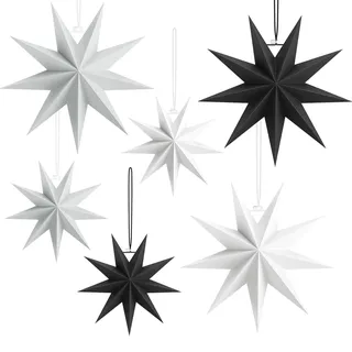 Yomisee Papiersterne Weihnachten 6 Stück, 3 x 30 cm + 3 x 45cm Faltstern Weihnachten, 9 Zacken Papier Stern zum Aufhängen Weihnachtsstern Deko zum Fenster Weihnachtsbaum (Schwarz & Weiß & Grau)