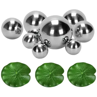 Super Idee 9 er Set Schwimmkugeln Silber mit 3 Schwimmend Lotusblätter für Miniteich Terrassenteich Zinkwannen Solarbrunnen Garten Balkon Teiche Deko Teichkugeln Metallkugeln Gartenkugeln Dekokugeln