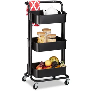 Relaxdays Rollwagen, 3 Etagen, 2 Bremsen, Allzweckwagen Küche, Bad, Büro, Rollregal Metall, HBT 84 x 42 x 37 cm, schwarz , Kunststoff , 42x84x37 , Esszimmer, Servierwagen