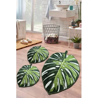 miqna Monstera Muster Grün Badezimmermatte – 3 Teileg Set, rutschfest Waschbar badematte, Roboterstaubsauger-freundlich, Badematte Grün, Badvorleger (Lapel, 60 x 100 cm - 50 x 60-50 x 60 cm)