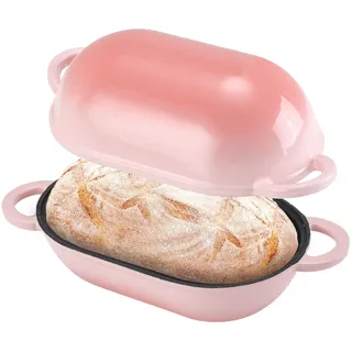 NSIRONS Gusseisen Brotbackform mit Deckel, 23 cm Emaille Gusseisen Topf Brot Backen, Bräter mit Deckel 2,75 L, Idealer Brottopf, Brotbacktopf, Backofengeeignet (Farbverlauf Rosa)