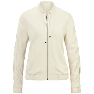 Kurzjacke GOLDNER "Blouson mit klassischen Details", Damen, Gr. 42, beige (stein), Obermaterial: 50% Polyamid PA. 45% Viskose CV. 5% Elasthan EL., Gummibündchen, Jacken Kurzjacke, Zierraffung an Ärmelmitte