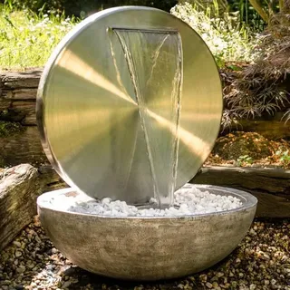 KÖHKO® Wasserwand Ø 55 CM mit einer Halbschale in Natursteinoptik mit LED- Beleuchtung „Bocca“ 22011 aus matt gebürsteten Edelstahl mit Becken aus Polyresin - Silber
