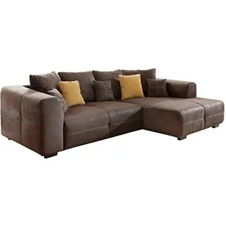 Cavadore Ecksofa Mavericco / Polster Eck-Couch mit Kissen in Antik-Leder-Optik und Holzfüßen / Longchair rechts / 285 x 69 x 170 / Mikrofaser Braun