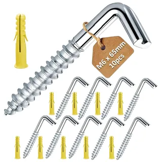 Joybble L Hakenschrauben M6 x 65 mm mit Dübel 10 Stück, verzinkte L Haken Schrauben 90 Grad, robuste Schraubhaken für Holz Beton Ziegel, Wandhaken für Garten Haus Deko