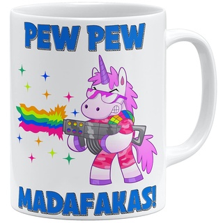 OM3® Einhorn Regenbogen Pew Pew Madafakas Tasse mit Spruch - Statement | Keramik Becher | 11oz 325ml | Beidseitig Bedruckt | Weiss