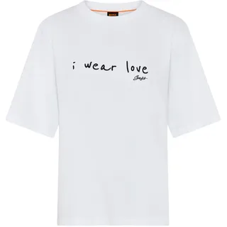 BOSS ORANGE T-Shirt "Eregular Premium Damenmode" mit Statement-Schriftzug, Relaxed Fit, weiß 100