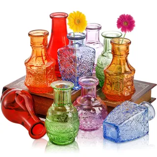 DEAYOU 10 Stück Glasvasen, kleine transparente Blumenvase für Tafelaufsatz, Mini-Vintage-Blumenflasche, Bunte lebendige Einzelknospenvasen, zierliche Tisch-Blumenvasen für Pflanzen, Heimdekoration,