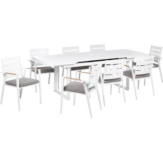 BELIANI Gartenmöbel Set 9-teilig Weiß Aluminium Ausziehtisch 180 / 240 x 90 cm Latten-Tischplatte Rechteckig mit 8 Stühlen Auflagen Grau Stapelbar - Weiß, Grau, Braun