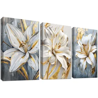 Set of 3 Grau Weiße Lilien Blumen Leinwand Bilder Mit Rahmen Goldene Stämme Creme Beige Geblümt Bild auf Leinwand Malerei Wandbilder Wohnzimmer Schlafzimmer Badezimmer Wanddeko 50x70cm x 3pcs