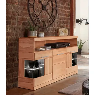 OTTO home Home »Ribe,130cm breit,Fronten Massivholz,2Türen mit gehärtetem Glaseinsatz« Korpus aus Holzwerkstoff, Metall Griffe,7 Fächer, Böden versetzbar,