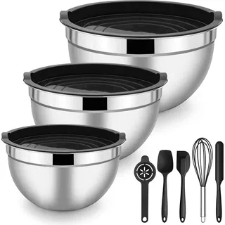 Mixschalen-Set, 3-teilig Edelstahl-Salatschüssel mit luftdichtem Deckel + 5 Backzubehör, Größe 1,2L/2,7L/4,5L, ideal zum Kochen/Backen/Lagern, stapelbar - Schwarz 8 Stück