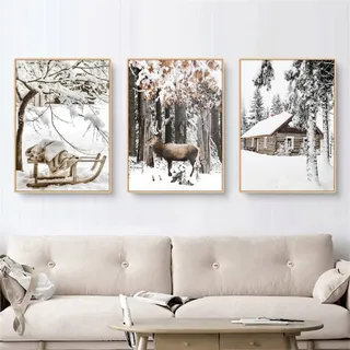 TROYSINC 3er Premium Poster Set, Winter Bilder, Elch, Holzhaus, Wald Wandkunst Wandbilder, Leinwand Drucke Wohnzimmer Bilder Modern Wanddeko Bilder, Kein Rahmen (A,40x50cm)