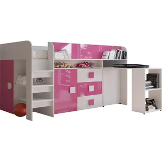 Etagenbett für Kinder Toledo 1 Stockbett mit Treppe und Bettkasten (Weiß + Rosa Glanz) - Weiß, Rosa