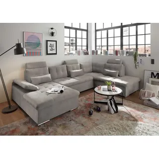 ed exciting design MEDAN Wohnlandschaft in U-Form, Stoffbezug Taupe - Ausziehbares Sofa mit Bettfunktion, Bettkasten Kopfstützen, Nierenkissen grau