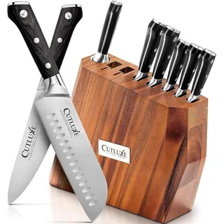 CUTLUXE 8-teiliges Messerblock – Kochmesser, Santoku Messer, Fleischmesser und Mehr – Hochwertigem Kohlenstoffstahl, Volltang-Design, Messerset mit Block aus Natürliches Akazienholz, Artisan Serie