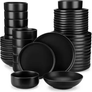 Morencia Serviesset – 48-teilig – 12 Personen – Schwarz Keramik – Diner-, Frühstücks- & Tiefe Teller – Küchenservies - Schwarz