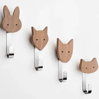 Garderobenhaken für Kinder aus Holz (Walnuss). Kleiderhaken und Garderobe für Kinderzimmer. Hochwertige Wandhaken in Tiermotive Hund, Katze, Fuchs, Hase (4er Set). Niedliche Skandi Kindergarderobe.