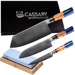 Damastmesser set mit wetzstein für messer. Japanisches messer set und professioneller schleifstein messerschärfer. Damast küchenmesser perfekt für präzisionsschnitte. Professionelles Kochmesser (3set)