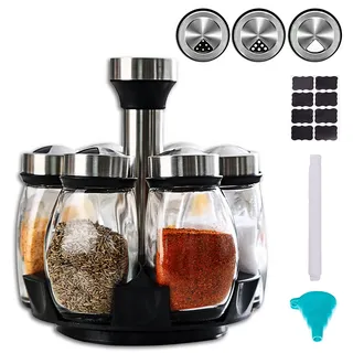 Drehbares Gewürzregal,Gewürzkarussell,6-Glas Gewürzhalter 360°Drehung Regal,Turm Set mit 6 Glas Gewürz Nachfüllbehälter Gläser für Schrank Arbeitsplatte Küche Kochen (Gewürze nicht inbegriffen)