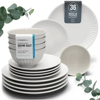 Steingut Geschirrset 12 Personen Hygge 36 tlg. TESTSIEGER, Traumhaftes Skandinavisches Steingut Geschirr Set, Schüssel- und Teller Set, Tafelservice 12 Personen, Geschirrsets Pure Living in Hellgrau