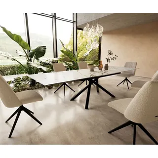 DeLife Esstisch Edge 200-300x100 Keramik Calacatta Luxe Weiß-Gold-Grau Kreuzgestell Rechteck Schwarz ausziehbar