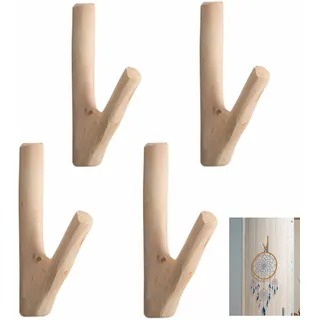 SCHYIDA Kleiderhaken Holz, 4 Stück Handtuchhaken Einzeln Vintage Wandhaken Holz Selbstklebend Garderobenhaken Holzhaken Wand Natürliche Holz Haken Garderobe für Schlafzimmer, Wohnzimmer