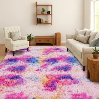 SOANNY Teppich Wohnzimmer Waschbar Anti-Rutsch 120x180 cm, Rosa Regenbogen