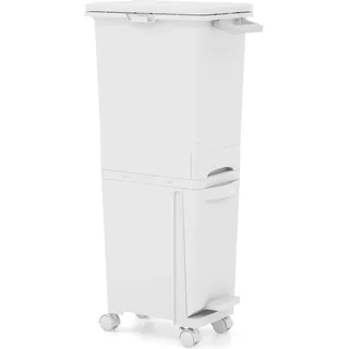 FANTASK 3 in 1 Mülleimer 32L auf Rädern, Abfalleimer Küche mit Kippbehälter & 2 Fächer, Schublade & Aufkleber,Tretabfalleimer mit Deckel & Abfalltrennsystem für Küche, Wohnzimmer