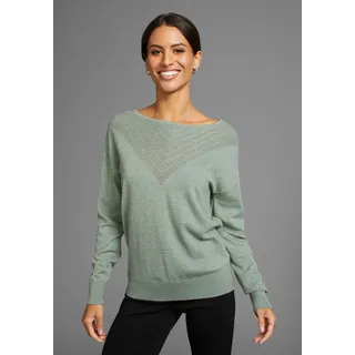 Rundhalspullover LAURA SCOTT, Damen, Gr. 44, grün (salbei), Feinstrick, Obermaterial: 50% Viskose, 26% Polyamid, 24% Polyester, unifarben, lässig geschnitten hüftlang, Rundhals, Bündchen, Pullover Rundhalspullover, mit feinem Ajour-Muster