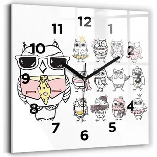 Wallfluent Wanduhr – Stilles Quarzuhrwerk - Uhr Dekoration Wohnzimmer Schlafzimmer Küche - Zifferblatt - schwarze Zeiger - 30x30 cm - Vintage-Poster mit Eulen - Weiß