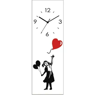 ARTland Wanddeko Wanduhr ohne Tickgeräusche Glas Quarz Uhr 20x60 cm Rechteckig Lautlos Graffiti Street Art Modern Mädchen Herz Schwarz Weiß U1UK