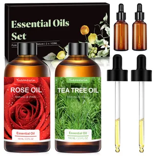 2x100ml Ätherische Öle Set mit Rosenöl + Teebaumöl, Reines Ätherische Öl für Diffuser, Aromatherapie Duftöl Geschenkset für DIY, Kerzen, SPA - Kleine Geschenke für Frauen Weihnachten Geburtstag