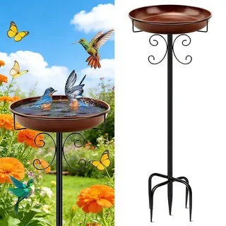 JIURUIFFC Vogeltränke Stehend, Vogelbad für Draußen Garten mit 5-Prong Basis – Großes Metall Vogelbecken Ø31 cm, Rostfrei & Wetterfest, Vogeltränke Futter Wasserschale Terrasse Garten Deko, Braun