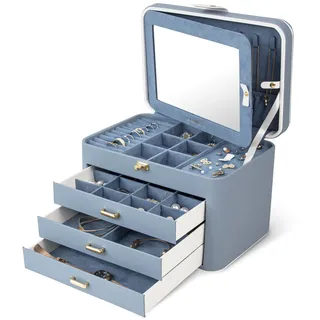 KAMIER Schmuckkästchen für Damen, große Schmuckschatulle mit 4 Ebenen, Schmuckbox mit Spiegel und Schloss, Griff Schmuckkästchen für Ringe, Ohrringe, Halsketten, Armbänder