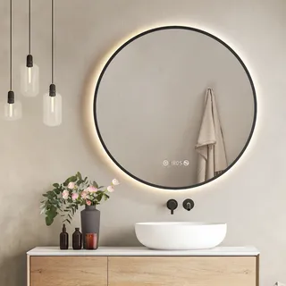 EMKE LED Badspiegel Rund 80 cm Badezimmerspiegel mit Beleuchtung Wandspiegel mit Touchschalter, Beschlagfrei, Uhr und Dimmbar - Schwarz