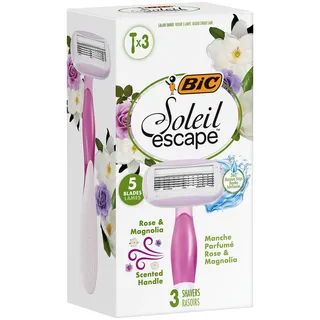 BIC Soleil Escape 5-Klingen-Einweg-Rasierer für Damen mit Rose & Magnolie, Feuchtigkeitsstreifen mit Mandelöl – 3er Box