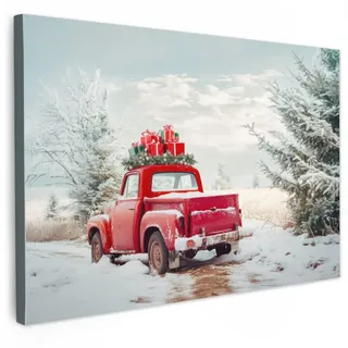 MuchoWow Leinwandbild Auto - Rot - Geschenke - Winter - Schnee - Weihnachten Wanddeko 90x60 cm , Textil , Kiefer , Rechteckig , 90x60 cm , FSC 100% , gerahmt , Bilder & Rahmen, Bilder, Leinwandbilder