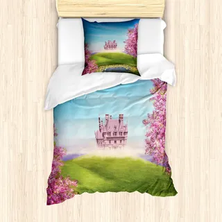 ABAKUHAUS Prinzessin Mantele, Märchenschloss Cheery Blüte, Milbensicher Allergiker geeignet mit Kissenbezügen, 135 cm x 200 cm - 80 x 80 cm, Rosa-Grün-Blau - Rosa