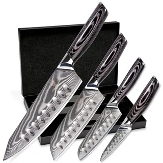 Wolfblood PRO 4er Damastmesser Set XL (33, 31, 23 & 19cm) TÜV geprüfter 62 HRC Damaststahl aus 67 Lagen I Damast Küchenmesser Set mit Chefmesser, Santokumesser, Holzgriff, Geschenkbox & Klingenschutz