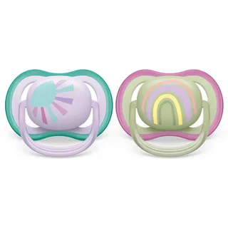 Philips AVENT ultra air Schnuller - 2er Pack, BPA-freier, atmungsaktiver Schnuller für Babys von 0-6 Monaten, inklusive Transport- und Sterilisationsbox, lila/grün (Modell SCF085/59)