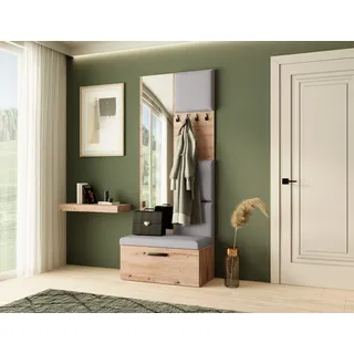 Garderobe MARGARET III, Farbe: Artisan + Grau, mit gepolsterten Paneelen, Spiegel und Kleiderhaken - Grau, Braun