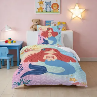 DJDEA Meerjungfrau Bettwäsche-Set 135 x 200 cm Kinder Weich Mikrofaser, Meerjungfrau Motiv Bettbezug mit Reißverschluss und 1 Kissenbezug 80 X 80 cm,Geschenk für Mädchen