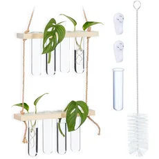 Relaxdays Pflanzen Vermehrungsstation, hängend, Reagenzglasvasen mit Holzregal, Hydrokultur, Natur/transparent, 2 Ebenen