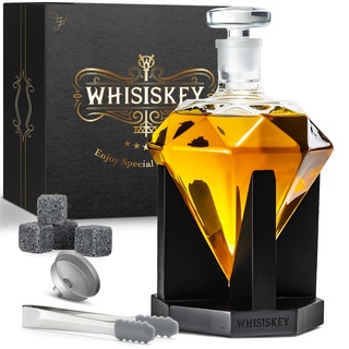 WHISISKEY Whisky Karaffe Set - Whiskey Geschenkset - Geschenke für Männer - Männergeschenke Geschenk - Geburtstagsgeschenk Mann - Diamant Dekanter 700ML, Geschenkbox, 4 Whisky Steine