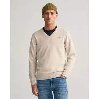 Gant für Herren. 8030562 Klassischer beiger V-Ausschnitt-Pullover aus Baumwolle (S), Lässig, Langarm