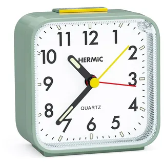 HERMIC Wecker Analog Ohne Ticken Wecker mit Licht, Batteriebetrieben, Lauter Alarm, Schlummerfunktion, Geräuschlos, Leuchtziffern Tragbarer Klein Reisewecker für Tiefschläfer (Batterien Inklusive)